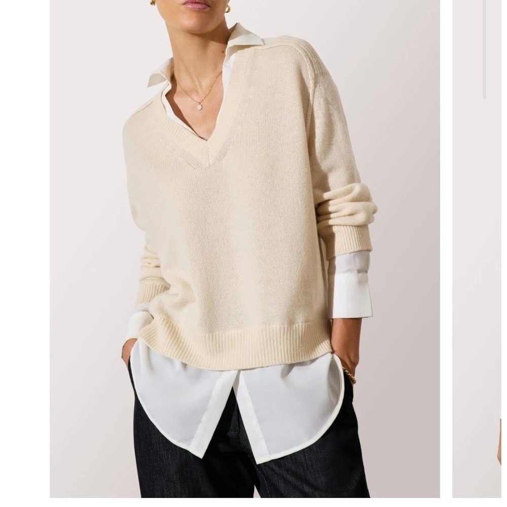 Brochu Walker Looker V-Neck Layered Wool Cashmere Sweater‎ Oatmeal Beige Large